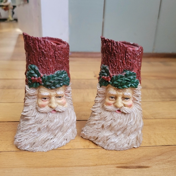 Vintage Woodland Santa Claus Christmas Candle Stick Holders - Picture 1 of 6